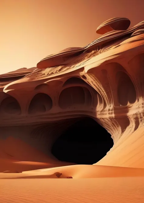 arafed desert landscape with a large rock formation in the middle