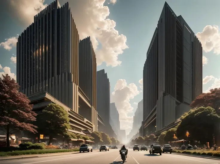 motorcycles are driving down a city street in front of tall buildings