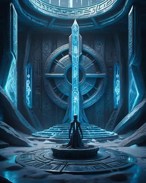 cinematic SCI-FI environment,  Arcane runes illuminate the walls of an ancient alien temple, where time-worn statues depict cosmic deities in frozen poses. , cyber sci-fi , <lora:Sci-fi_Environments_sdxl:0.8> , photorealistic, movie