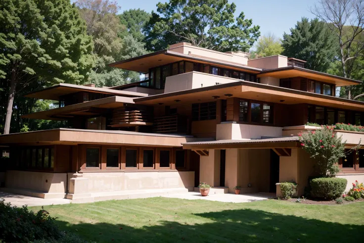 Raw photo of a frank lloyd wright style house in the city, surrounded by skyscrapers,gardens, trees, large windows <lora:Frank_Lloyd_Wright_Style_Architecture:1>