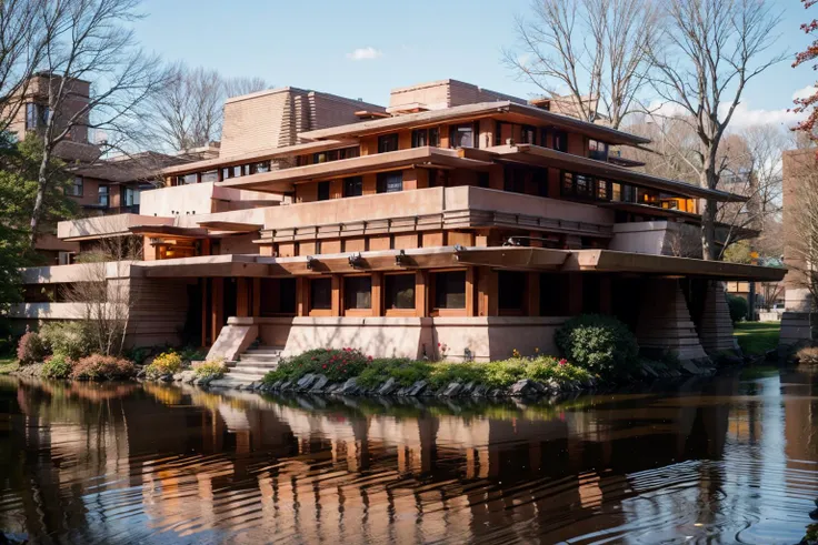 Raw photo of an urban frank lloyd wright style house in the city, surrounded by skyscrapers,a pond <lora:Frank_Lloyd_Wright_Style_Architecture:1.5>