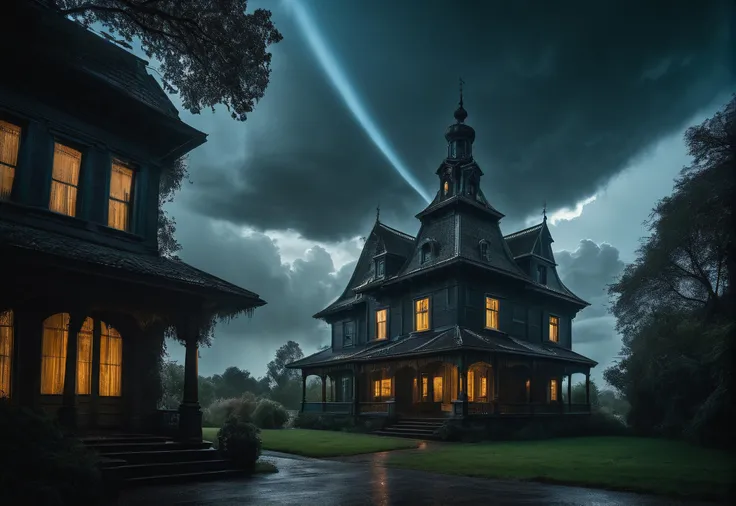 haunted house cauchemardesque ,halloween, horror,storm clouds in the sky ,style of Seb McKinnon,masterpiece, best quality, (intricate details), (****), eldritch, glow, glowing eyes, volumetric lighting, unique pose, dynamic pose, dutch angle, 35mm, anamorp...