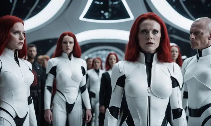 film still, a cult which people has to h
ave red hair and wear pure white, gathering in their s acred futuristic white temple, 8k, scifi, grimdark, cyberpunk, neuromancer, scifi