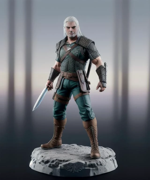 figrne, geralt of rivia, the witcher, on a base, dynamic pose, full body shot, depth of field, flawless, RAW,(((plain background))), high detail, insane detail <lora:figrne_v2std:1>