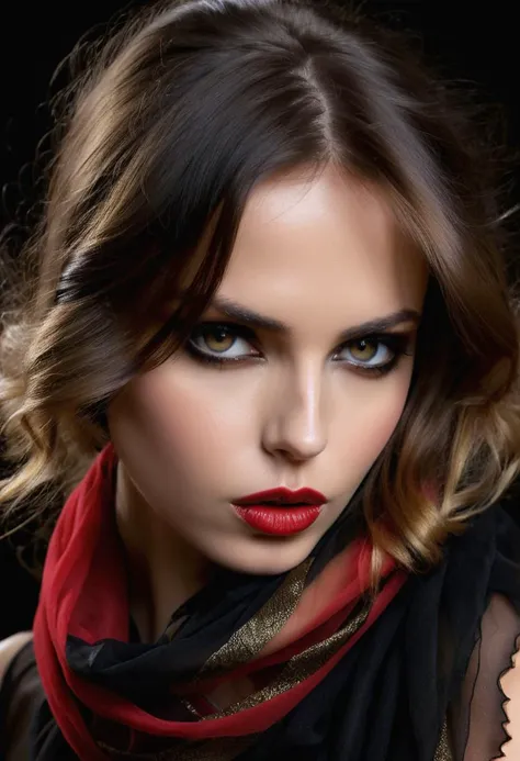 portrait of a gorgeous girl, sultry, red scarf, dark gold and black, gossamer fabrics, jagged edges, eye-catching detail,