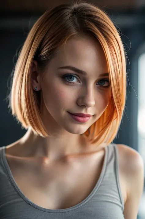 (MartaG-120), RAW photo, a close up portrait, 25yo, ginger_hair, green_eyes, lips, short_hair, looking_at_viewer, white_tanktop, photo_(medium), photorealistic, realistic, smile, solo, (high detailed skin:1.2), 8k uhd, dslr, cinematic lighting, high qualit...