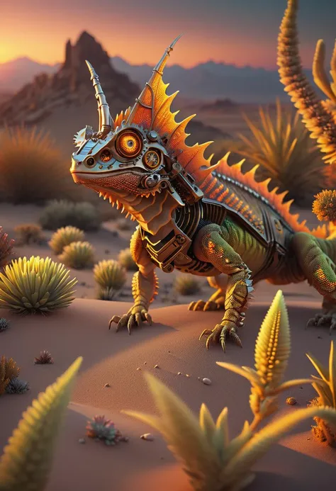 a steampunk horned lizard, cyborg style, neon, blooming desert, desert vegetation, sunset, golden hour, trending on ArtStation, intricate, hyper detailed, ultra realistic, sharp focus, octane render,