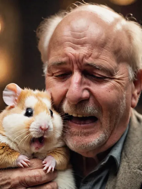 frail old man hugging a giant hamster, crying, screaming, shallow depth of field, vignette, highly detailed, high budget, bokeh, cinemascope, moody, epic, gorgeous, film grain, grainy