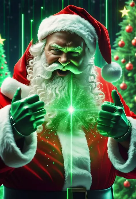 a close up of a santa clause holding a green light