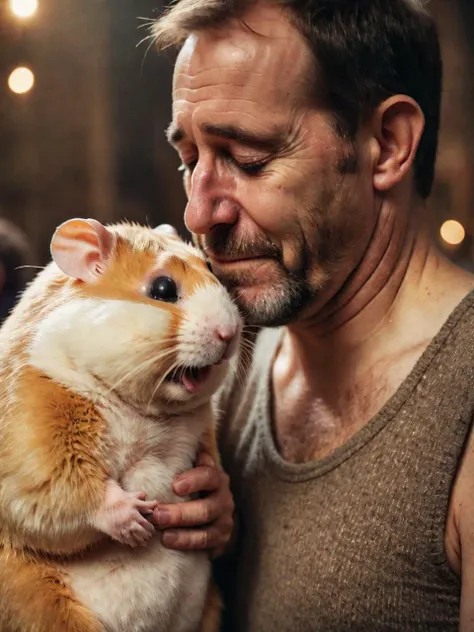 skinny old man hugging a giant hamster, crying, full body, shallow depth of field, vignette, highly detailed, high budget, bokeh, cinemascope, moody, epic, gorgeous, film grain, grainy