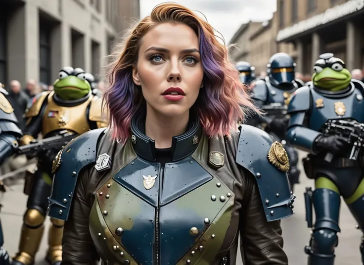 girl, (Scarlett Johansson mixed with Florence Pugh mixed with Sandra Bullock), ponytail, rainbow colored hair, very wide shot, sharp focus, photo, (tiny breasts, flat chest), toned, fit, in a thick crowd of people, futuristic attire, future soldier, solo, ...