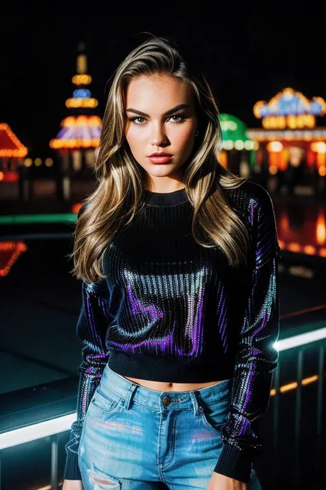 photo of beautiful (V3runka-135:0.99), a woman, perfect hair, (modern photo), wearing a (long sleeved sweater:1.2) and jeans with jewelry, portrait, 85mm, (analog, cinematic, film grain:1.3), (Holographic Amusement Park, Park with holographic rides, charac...