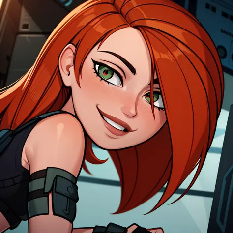 Best_QualityPos, RAW photo, intricate details, best quality, 8k uhd, soft lighting, 1girl, solo, k1m, long orange hair, smile, midriff, black crop top, cargo pants, fingerless gloves <lora:Kim_Possible-v1:1>