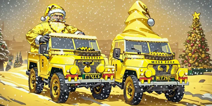 (1male, muscular_male, male_focus, yellowsanta, facial_hair, santa_hat, mustache, white_hair, santa_costume, fur_trim, mature_male, yellow_pants), realistic, christmas, christmas_tree, looking_at_viewer, yellowsnow, ((riding a lightweight, land rover)),