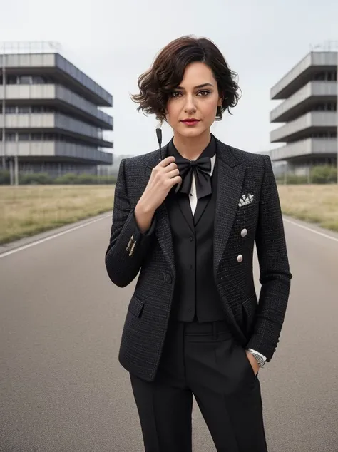 (knockout),nail polish,confused  sedef_avci in (prom suit),(standing:1.2),intricate detail,(hair over one eye,short hair:1.2),(hair bow:1.2),(standing:1.2),in  (Brutalism architecture,road:1.2),afternoon,(skin details:1.2),(skin pores:1.2),art by  (Galan P...