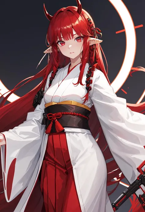 best quality, masterpiece, highres, solo, (vigna_arknights:1.10), (white kimono:1.35), (red hakama:1.35), (wide sleeves:1.20), 22 <lora:vigna_arknights:0.80>