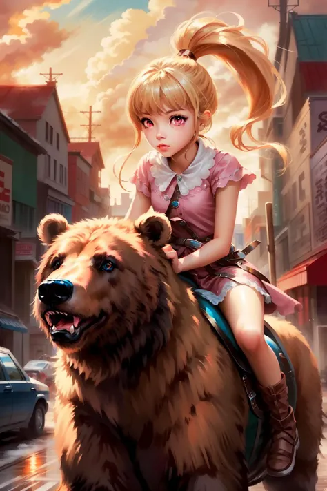 (masterpiece, best quality),  intricate details,
1girl,   <lora:katou_megumi_v1:0.8> hmbk1, 1girl, ponytail, drill hair, pink eyes, blonde hair, 
 <lora:riding_a:0.8> riding on a bear,