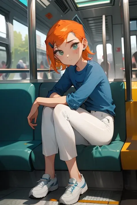 anime girl sitting on a bus seat with her legs crossed