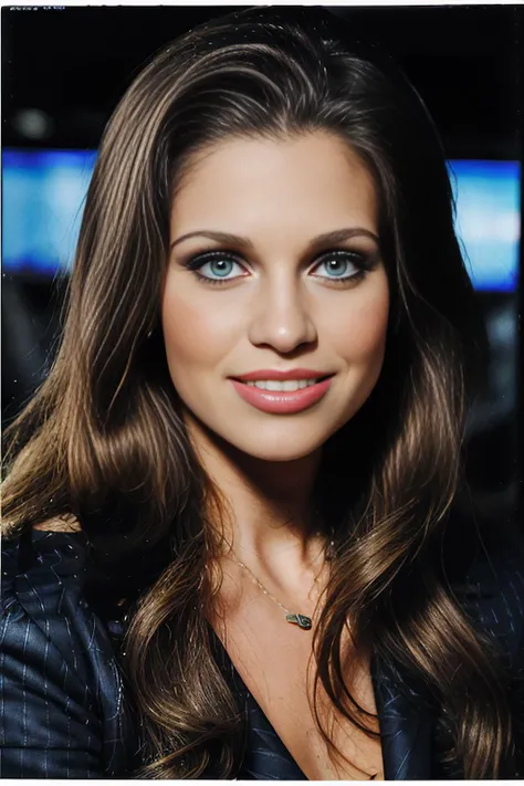 promotional photograph of a beautiful (DF1sh31:1.1) woman as cable newscaster,presenting breaking news,sitting at a news desk,with video of an (alien invasion) on screen behind her,1girl,solo,long hair,looking at viewer,smile,hair,blue eyes,parted lips,bla...