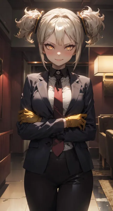 cinematic lighting, <lyco:lighting_loha:0.2>, best quality, masterpiece, lineart, cowboy shot
BREAK u-96, 1girl, solo, twintails, blush,  finely detailed skin, shiny skin, business suit, pants, necktie, gloves, smirk, medium breasts, slit pupils,
parquet f...