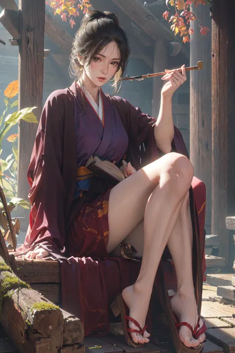 (masterpiece:1.2), best quality,realistic, emma,
1girl, solo, sitting, holding, smoking pipe, realistic, tree, book, looking at viewer, sandals, japanese clothes, holding smoking pipe, kiseru, brown eyes, day, lips
 <lora:emma_20230706172419:0.8>