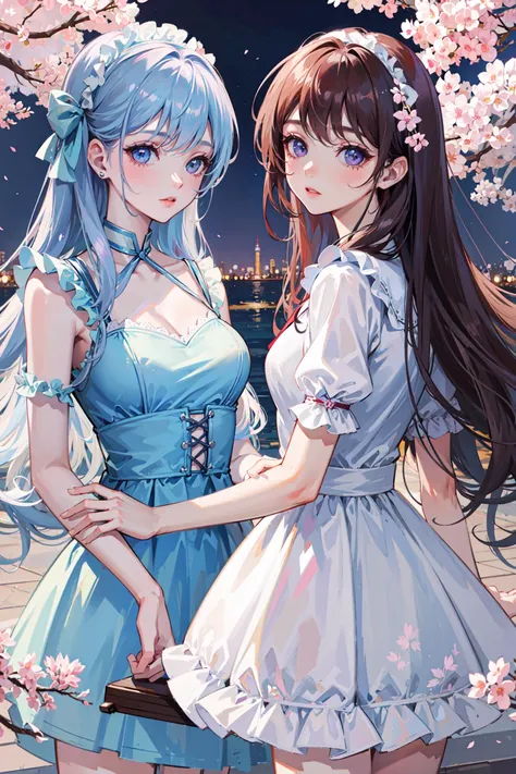 ((best quality, masterpiece, absurbres)), Close-up, Soft Colors, Pastel Purple, Baby Blue, 2 Girls, Aesthetic Fashion, Cherry Blossom at night, Natural Lighting