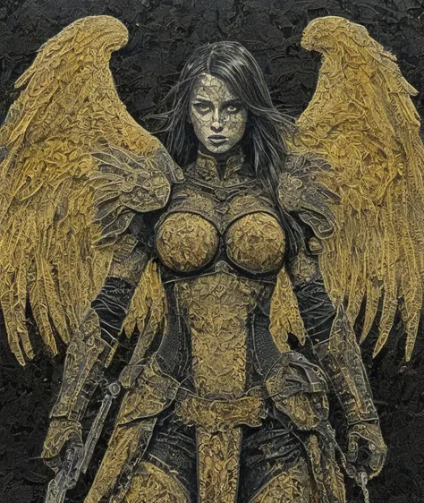 , <lora:SDXL_lace_drawing_Sa_May:1>   lace drawing,               black & yellow, industrial, heavy duty, modular,           epic female warrior on fire ablaze in black and gold armor with angel wings, horror christian cathedral, nighttime, dungeons and dr...