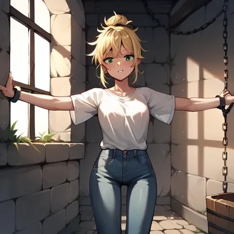 score_9, score_8_up, score_7_up, score_6_up, score_5_up, score_4_up, source_anime, 1girl, blonde hair, hair bun, green eyes, w-w-chain, spread arms, messy hair, white shirt, jeans pants, dungeon, best quality, best res, 4K UHD,
 <lora:W-W-Chain:0.4>,