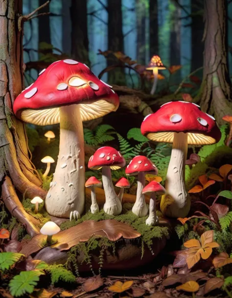 mushrooms are sitting on a mossy surface in a forest