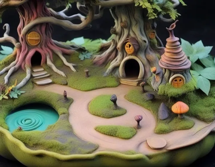 there is a small fairy house with a pond in the middle of it