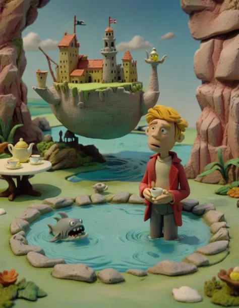 there is a cake with a man standing in a pond with a castle in the background