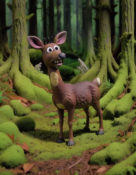 there is a toy deer standing in the middle of a forest