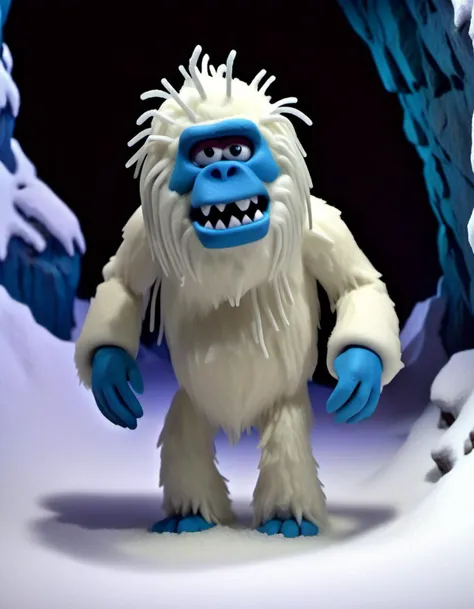 a close up of a toy yeti with a blue face and white fur