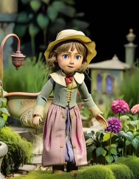 doll in a garden with a fountain and flowers