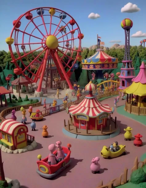 a close up of a toy park with a ferris wheel and a carousel