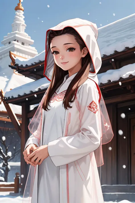 masterpiece, outdoors, temple, snow, 1girl, (brown hair:1.1), white robes, hood up, long sleeves, upper body, standing, looking at viewer, smile, <lora:aa_dahliahawthorne:0.95> dahlia hawthorne, braid