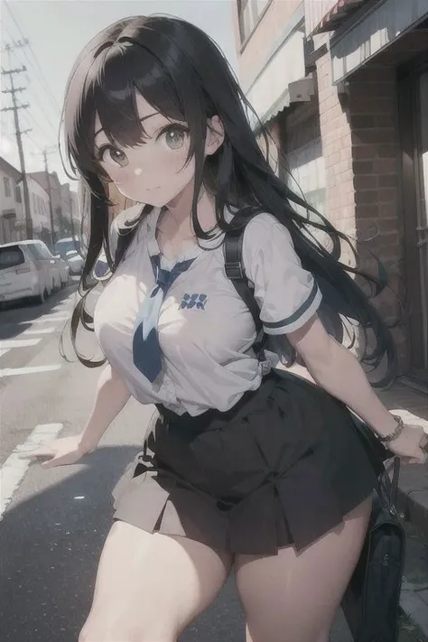 anime girl in uniform walking down the street with a backpack