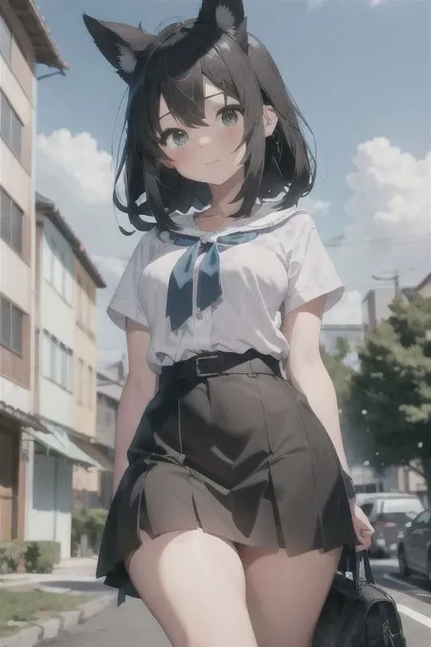 anime girl in a short skirt and cat ears walking down the street