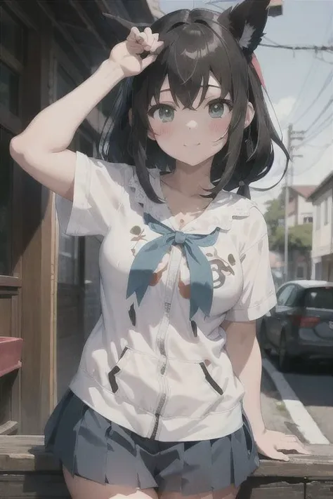 anime girl with black hair and blue eyes posing on a street