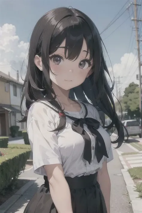 anime girl with long black hair and white shirt standing on sidewalk