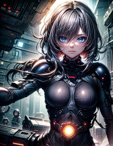 (Highest picture quality),(Masters work),(ultra-detailed),(Detailed eye description:1.0),masterpiece,best quality, detailed background, 1 girl, mature,cyber body,space station,tech armor, stars, space, nebula, ( <lora:more_details:1.3>)