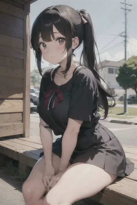 anime girl sitting on a bench with her legs crossed