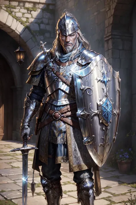 (masterpiece, max quality, absurdres:1.4), colorful, perfect picture, wallpaper, medieval vibes
full body of one old man, paladin, holdind a (shield and a sword:1.3), medieval helmet, highly detailed intricate (shining silver:1.5) armor, standing in a medi...