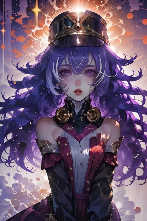 a woman with long purple hair wearing a hat and a dress