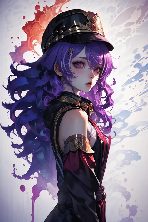 a woman with purple hair wearing a hat and a black top