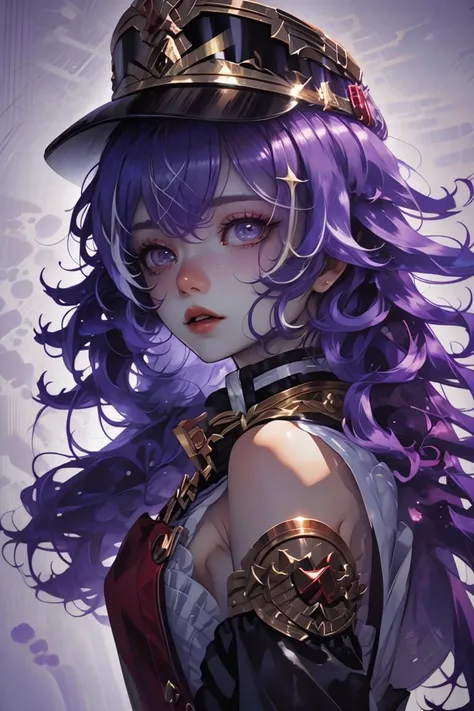 a close up of a woman with purple hair wearing a hat