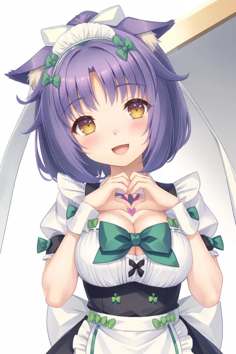 nekogui,gold eyes, <lora:super-nekogui-v7:0.94>,1girl, , solo, bow, bowtie, animal ears, breasts, heart hands, open mouth, smile, maid headdress, short sleeves, looking at viewer, blush, cat ears, hair ribbon, ribbon, puffy sleeves, cleavage cutout, :d, si...