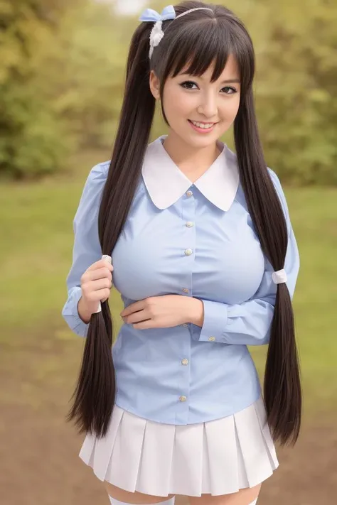 a close up of a woman with long hair wearing a blue shirt and white skirt