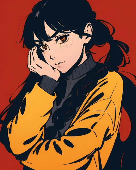 1girl, solo, ringed eyes, red background, braid, mole under eye, simple background, mole, black hair, looking at viewer, sweater, long hair, bangs, braided ponytail, long sleeves, hand on own face, upper body, sleeves past wrists, twin braids, hair between...