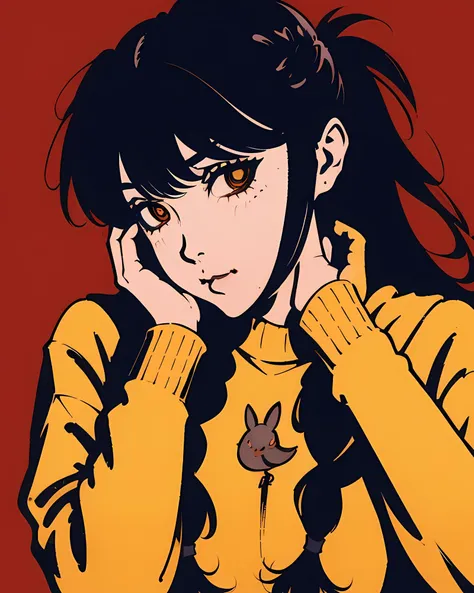 1girl, solo, ringed eyes, red background, braid, mole under eye, simple background, mole, black hair, looking at viewer, sweater, long hair, bangs, braided ponytail, long sleeves, hand on own face, upper body, sleeves past wrists, twin braids, hair between...